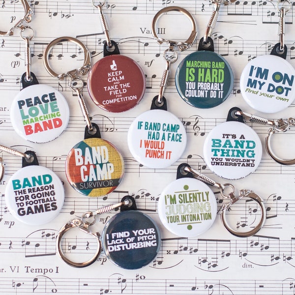 Marching Band Keychains | Gift Set of Ten Music Themed Button Keychains | 1.25" Size