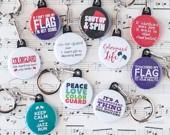 Gift Set of Ten Marching Band Colorguard Themed Button Keychains | 1.25" Size
