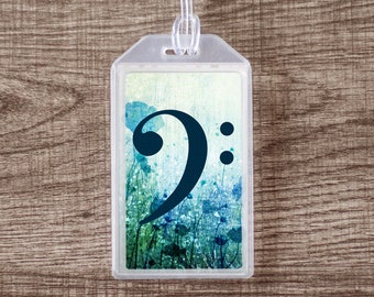 Blue Floral Bass Clef Musical Instrument Case ID Luggage Tag