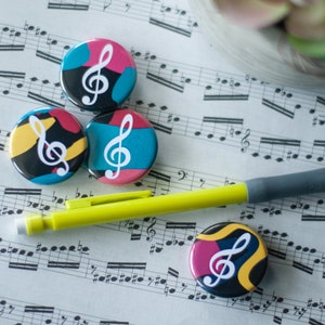 Set of Four Treble Clef 1.25&quot; Buttons or Magnets 90s Inspired | Musician Gift