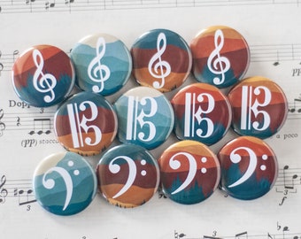 Botones de claves musicales / Conjunto de 12 botones o imanes de 1,25" / Regalos de recompensa para maestros para músicos y estudiantes