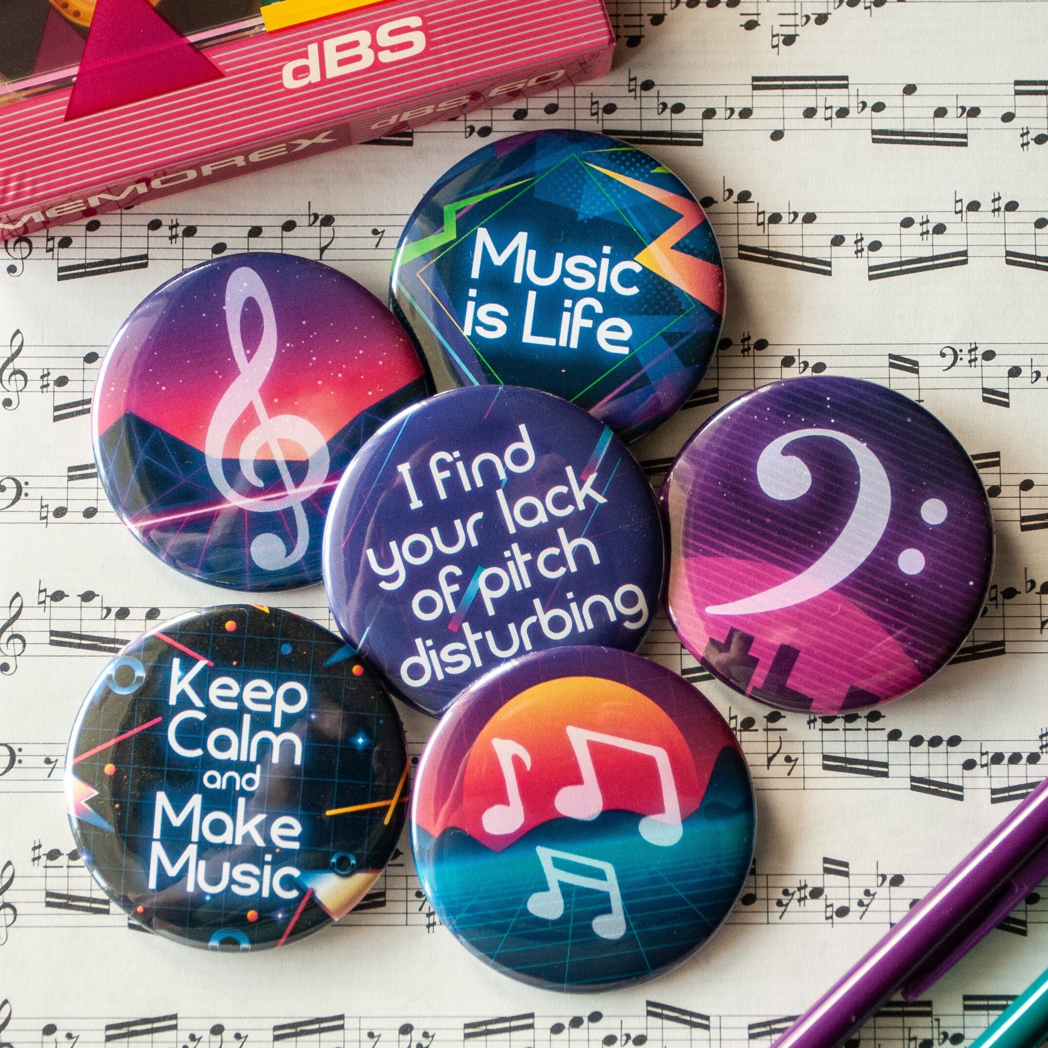 Set of Six 80s Themed 2.25 inch Pinback Buttons or Magnets