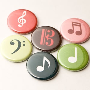 Six Music Note and Clef Buttons or Magnets - size one inch