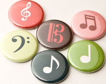 Six Music Note and Clef Buttons or Magnets - size one inch