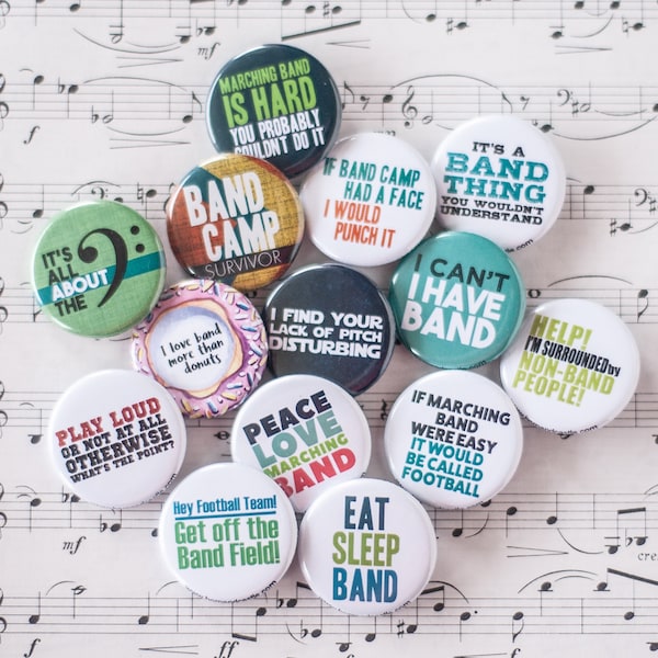 Set of 14 Funny Marching Band and Music Themed 1.25" Buttons or Magnets | Musician Gift