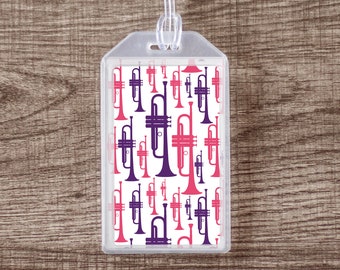 Trumpet Instrument ID Tag or Luggage Tag for Musicians - Pink and Purple