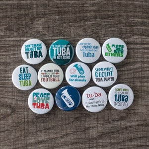 Tuba Buttons | Music and Marching Band | Set of 12 Tuba 1&quot; or 1.25&quot; Pins or Magnets