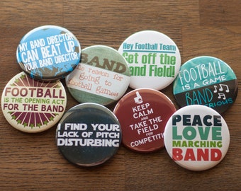 Set of Eight Funny Marching Band 2.25 inch Pinback Buttons or Magnets