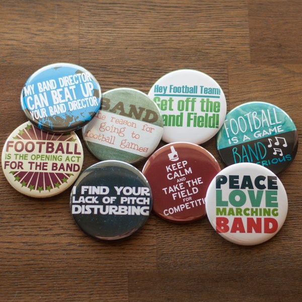 Set of Eight Funny Marching Band 2.25 inch Pinback Buttons or Magnets