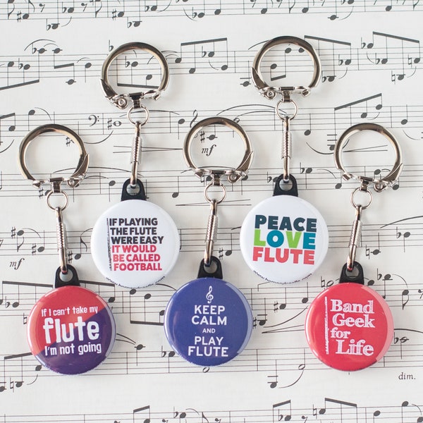 Gift Set of Five Flute Marching Band Themed Button Keychains | 1.25" Size