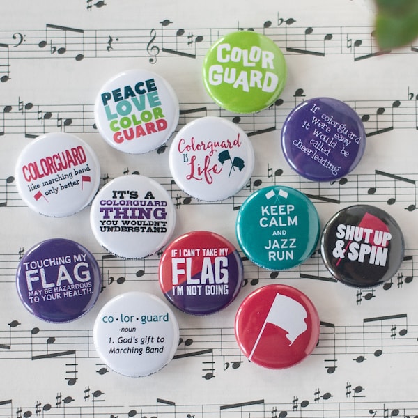 Colorguard Buttons / Marching Band / Set of 12 Colorguard 1" Pins or Magnets