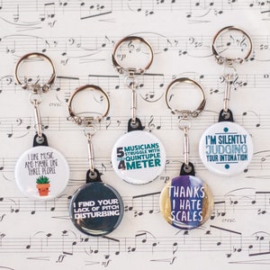 Funny Music Themed Button Keychains | Gift Set of Five | 1.25&quot; Size