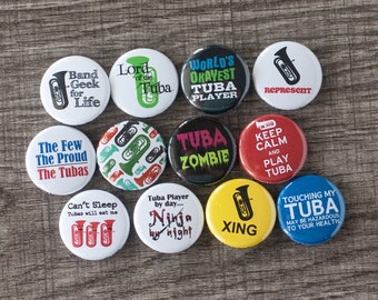 Tuba Buttons / Music and Marching Band / Set of 12 Tuba 1" Pins or Magnets