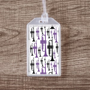 Trumpet Instrument ID Tag or Luggage Tag for Musicians - Purple and Black