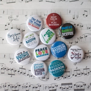 Bassoon Buttons / Band and Orchestra / Set of 12 Bassoon 1&quot; or 1.25&quot; Pins