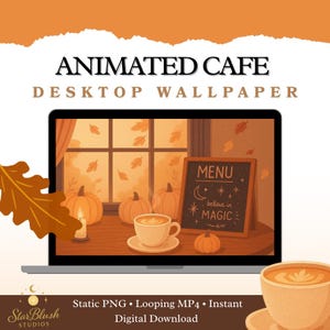 Cozy Thanksgiving Cafe Desktop Wallpaper: Animierter & Statischer Computer Hintergrund (Digitaler Download)