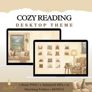 May include: Two digital screens displaying a cozy reading desktop theme. The screens show a window scene with a cat, pillows, and a blanket, and a collection of themed icons. The text "COZY READING DESKTOP THEME" is at the top.