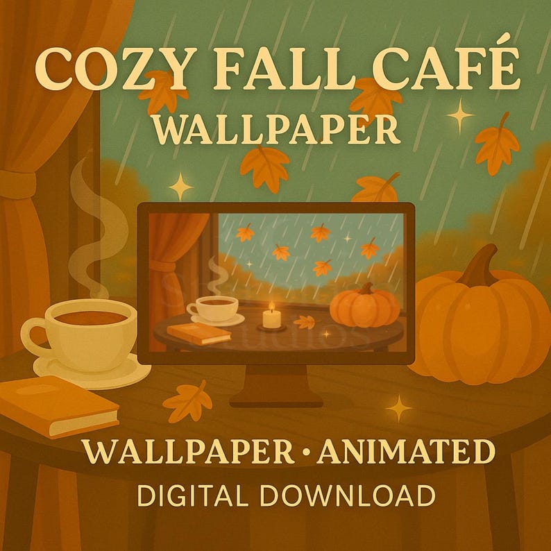 Cozy Fall Cafe Animated Desktop Wallpaper: Rainy Day Autumn (digital ...