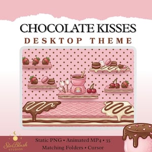 May include: A pink desktop theme titled "CHOCOLATE KISSES" with a pink polka dot background. The image features illustrations of chocolate-covered strawberries, macarons, and a fondue pot. The theme includes static PNG, animated MP4, matching folders, and a cursor.