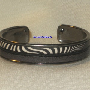 Zebra print cuff bracelet with black and gray leather, woman's animal print leather cuff bracelet, woman's leather jewelry, zebra print cuff image 1