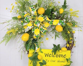 Lemon Spring Wreath, Summer home decoration, lemon kitchen wreath, grapevine decorated with lemons, front door décor