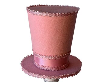 Pink top hat with trim and satin band, Pretty in Pink elegant soft pink top hat with satin headband and delicate trim wreath attachment