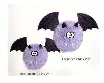 Fuzzy bat wreath attachment with sparkling black wings, whimsical handcrafted Halloween bat wall decor, purple festive Halloween bat 2 sizes
