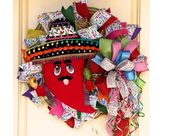 Mariachi Jalapeno Fiesta door wreath and wall décor for parties and Cinco De Mayo, Mexican fiesta celebration décor, Viva La Fiesta decor