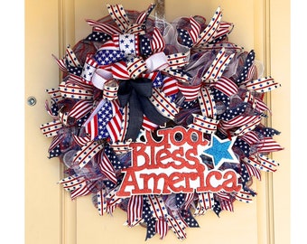 Patriotic front door Wreath, Red White & Blue Celebration, Americana Wreath, 4th of July, American Flag, gift for military family