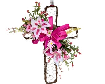 Pink Easter Cross with florals, everyday cross, religious cross decor, Spring wreath, everyday wreath, funeral and gravesite placement