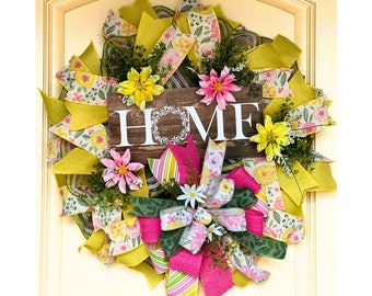 Thin Spring floral front door wreath fits between front door and storm or security door, Spring front door wreath with florals, floral décor