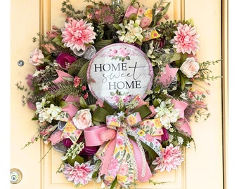 Large pink floral front door wreath, Easter wreath, Spring wreath, everyday front door wreath