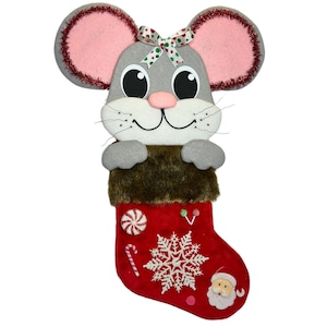 Christmas mouse in red plush stocking wreath attachment & wall decor, holiday home decor, whimsical mouse in stocking decor, rat attachment
