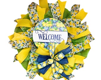 yellow and blue lemon welcome front door wreath,