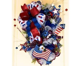 Patriotic front door swag wreath for any patriotic holiday: Veterans Day Memorial Day July 4th President's, patriotic wreath