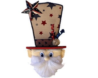 Primitive patriotic Uncle Sam wreath attachment and wall decor, festive Uncle Sam star top hat, July 4th hanger, Veteran's Day Accent