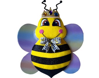 Queen bumblebee wreath attachment with jeweled crown and rainbow iridescent wings, queen bee home or office wall decor