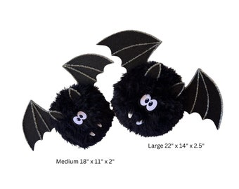 Fuzzy bat wreath attachment with sparkling black wings, whimsical handcrafted Halloween bat wall decor, black festive Halloween bat 2 sizes