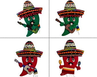 Jalapeno Peppers wreath attachment or wall décor for fiesta time and Cinco de Mayo, red or green chili pepper caricatures, mariachi peppers
