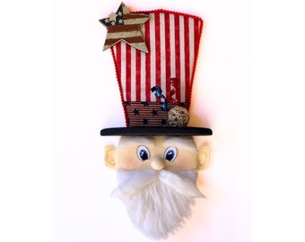 Primitive patriotic Uncle Sam wreath attachment and wall decor, festive Uncle Sam top hat, July 4th hanger, Veteran's Day Accent, Uncle Sam