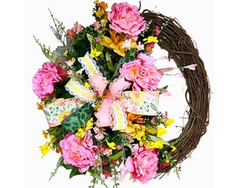 Pink and yellow floral grapevine front door wreath and wall decor, Easter wreath, Spring wreath, everyday front door grapevine wreath