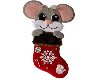 Christmas mouse in a plush red stocking with whiskers, a cute smile, and eyelashes wreath attachment, Whimsical mouse in a stocking decor