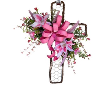 Pink Easter Cross with florals, everyday cross, religious cross decor, Spring wreath, everyday wreath, funeral and gravesite placement