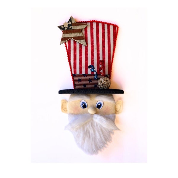 Primitive patriotic Uncle Sam wreath attachment and wall decor, festive Uncle Sam top hat, July 4th hanger, Veteran's Day Accent, Uncle Sam