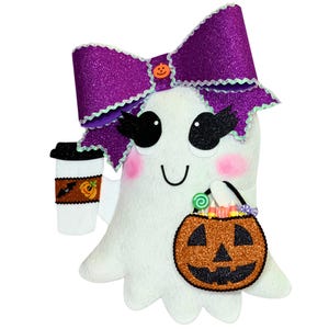 Glam Halloween ghost wreath attachment, girl ghost wall decor, Pumpkin coffee ghost, ghost with large bow, girly ghost wreath accent