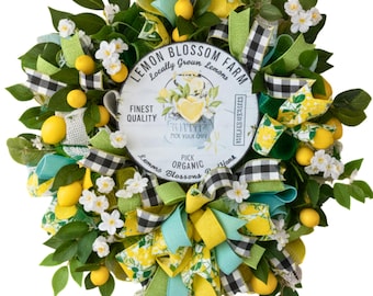Lemon Blossom Farm Front Door Wreath, Farmhouse Rustic Lemon home decor