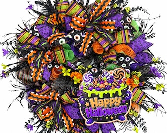Halloween Front Door Wreath | Whimsical Candy Decor | Fall Halloween | Mesh Ribbon Bows | Spooky Door Decoration