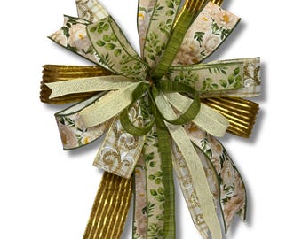Neutral natural decorative bow, floral wreath topper bow with tails, rustic chic floral style, elegant traditional floral ribbon bow
