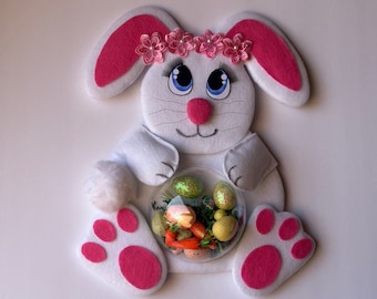 Easter bunny whimsical wreath attachment with fuzzy tail and big blue eyes with lashes, Easter rabbit wreath attachment