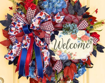 Patriotic Welcome Front Door Wreath, Red White Blue Hydrangea decor, Americana Veteran Decor,